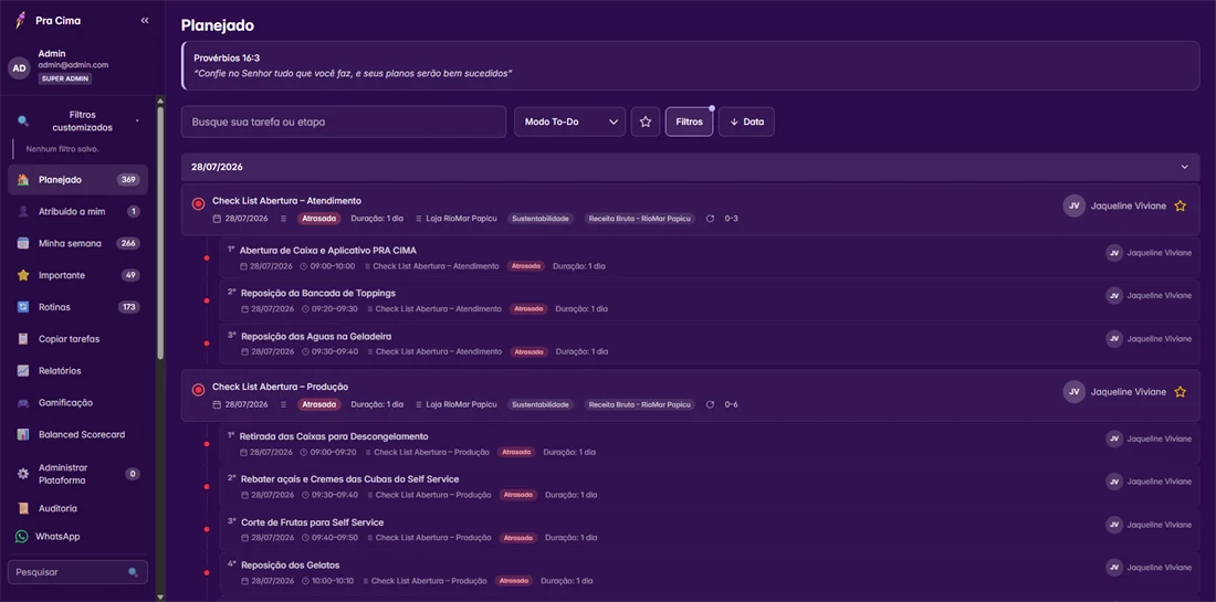 Tela Planejado do Pra Cima com checklists de abertura, etapas e responsáveis