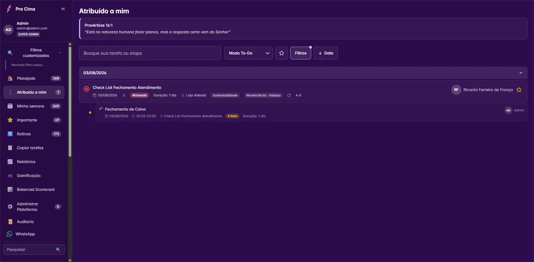 Tela Atribuído a mim do Pra Cima com as tarefas de cada pessoa